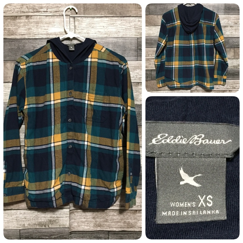 Eddie Bauer Flannel Hoodie Women’s XS Blue Plaid Button Front Pockets